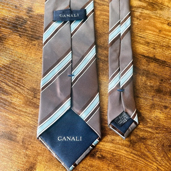 Canali Brown Tie with Blue and White Stripes - Picture 5 of 6